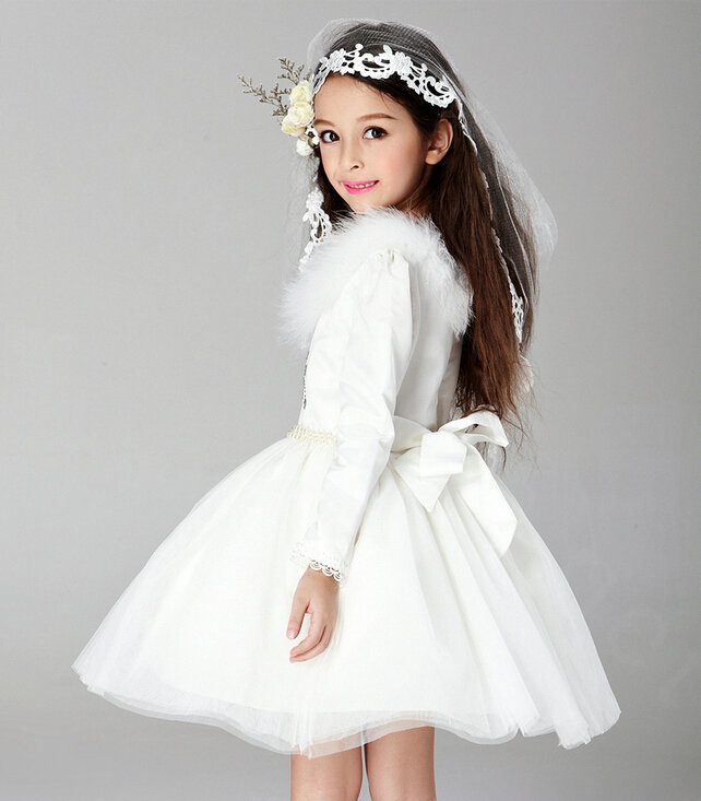 Cute Dresses Winter Flower Girls Velvet Long Sleeve Wedding Party Dress - White