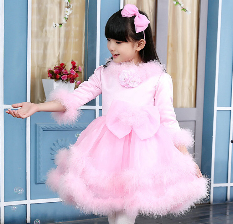 Cute Dresses Winter Flower Girls Velvlet Knee Length Bowknot Wedding Party Dress - Pink
