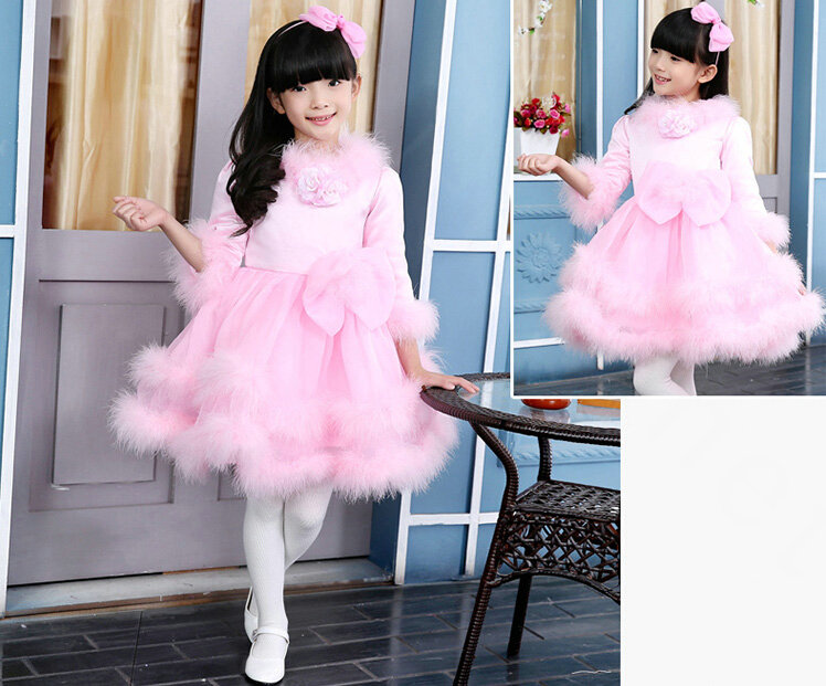 Cute Dresses Winter Flower Girls Velvlet Knee Length Bowknot Wedding Party Dress - Pink