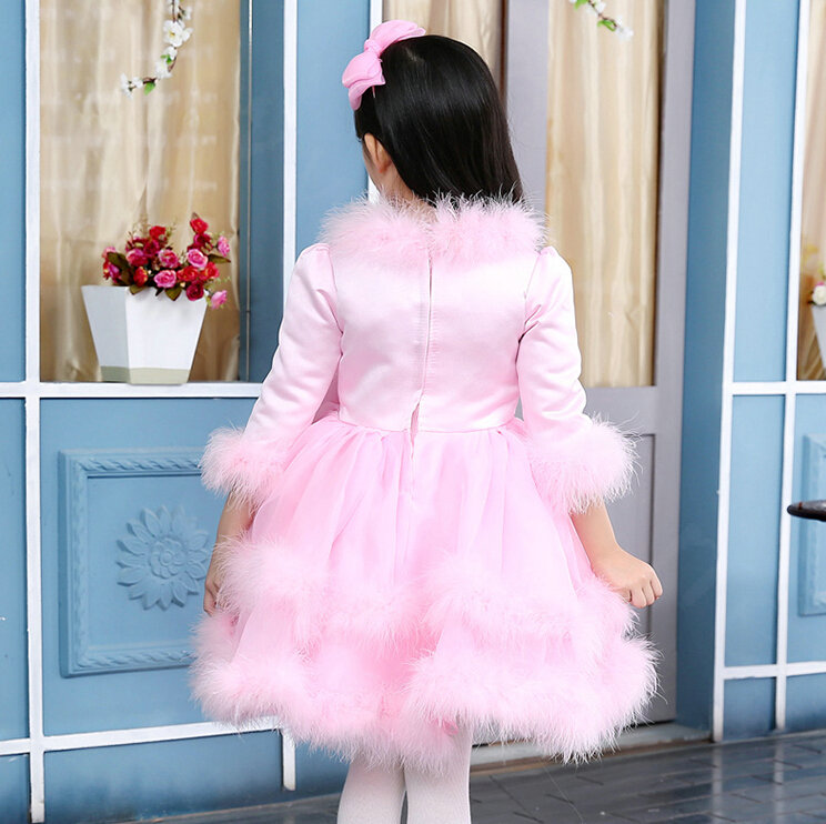 Cute Dresses Winter Flower Girls Velvlet Knee Length Bowknot Wedding Party Dress - Pink