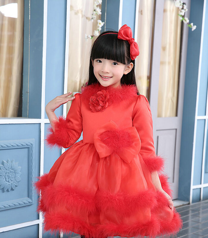 Cute Dresses Winter Flower Girls Velvlet Knee Length Bowknot Wedding Party Dress - Red