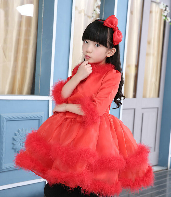 Cute Dresses Winter Flower Girls Velvlet Knee Length Bowknot Wedding Party Dress - Red