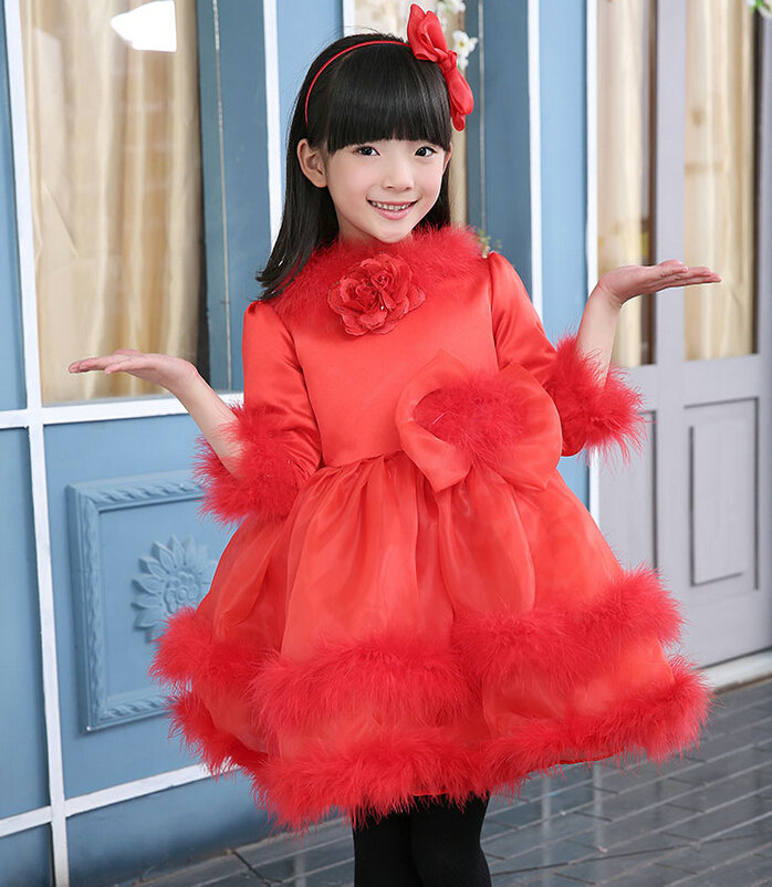 Cute Dresses Winter Flower Girls Velvlet Knee Length Bowknot Wedding Party Dress - Red