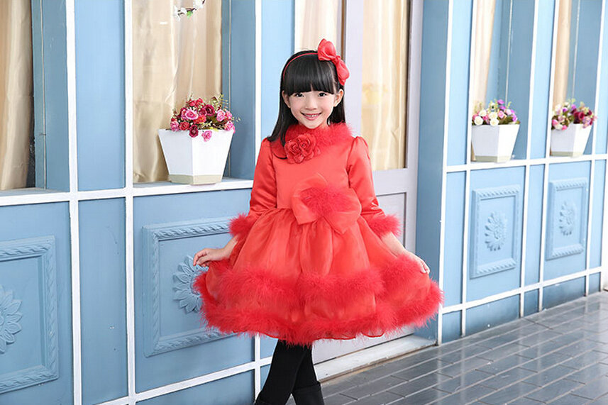 Cute Dresses Winter Flower Girls Velvlet Knee Length Bowknot Wedding Party Dress - Red