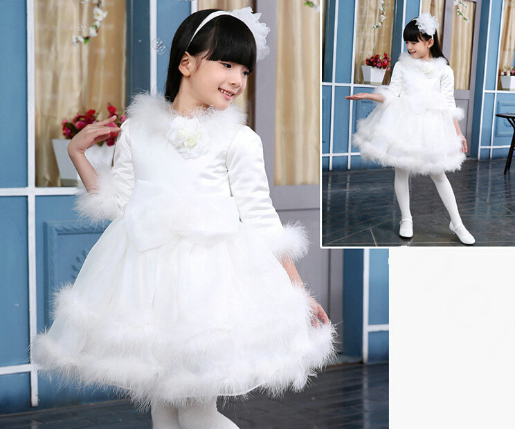 Cute Dresses Winter Flower Girls Velvlet Knee Length Bowknot Wedding Party Dress - White