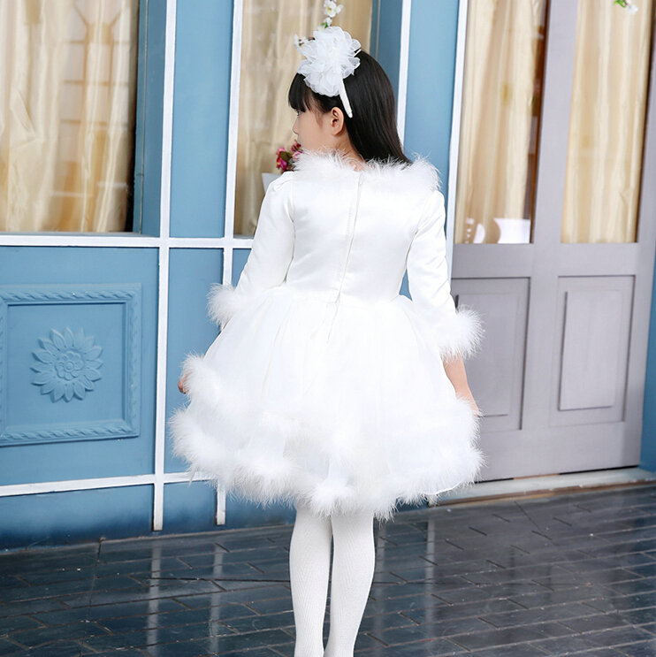 Cute Dresses Winter Flower Girls Velvlet Knee Length Bowknot Wedding Party Dress - White