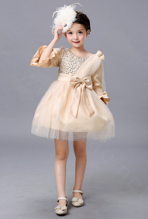 Cute Skirts Winter Flower Girls Diamonds Knee Length Bowknot Wedding Party Dress - Beige