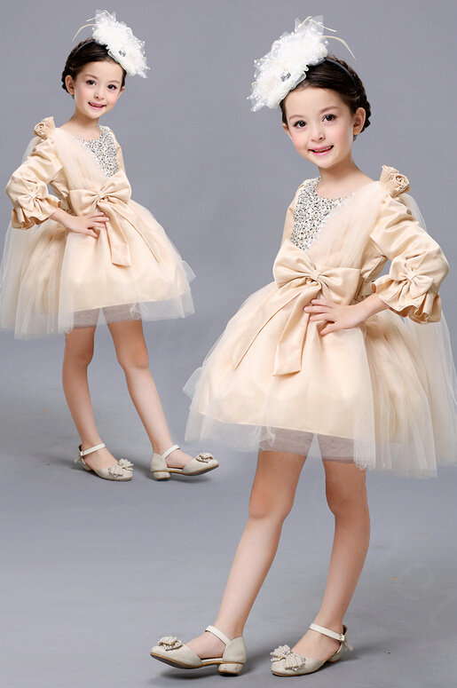 Cute Skirts Winter Flower Girls Diamonds Knee Length Bowknot Wedding Party Dress - Beige