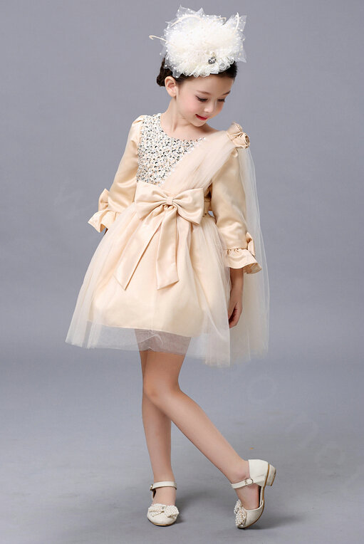 Cute Skirts Winter Flower Girls Diamonds Knee Length Bowknot Wedding Party Dress - Beige