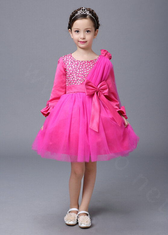Cute Skirts Winter Flower Girls Diamonds Knee Length Bowknot Wedding Party Dress - Rose