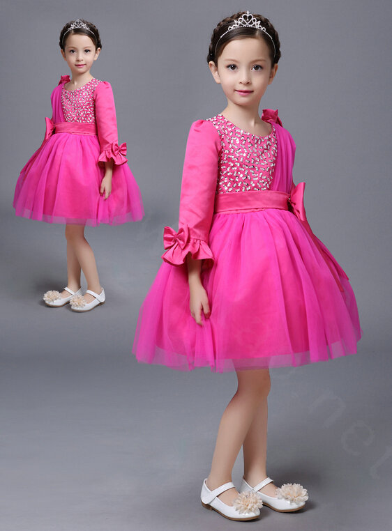 Cute Skirts Winter Flower Girls Diamonds Knee Length Bowknot Wedding Party Dress - Rose