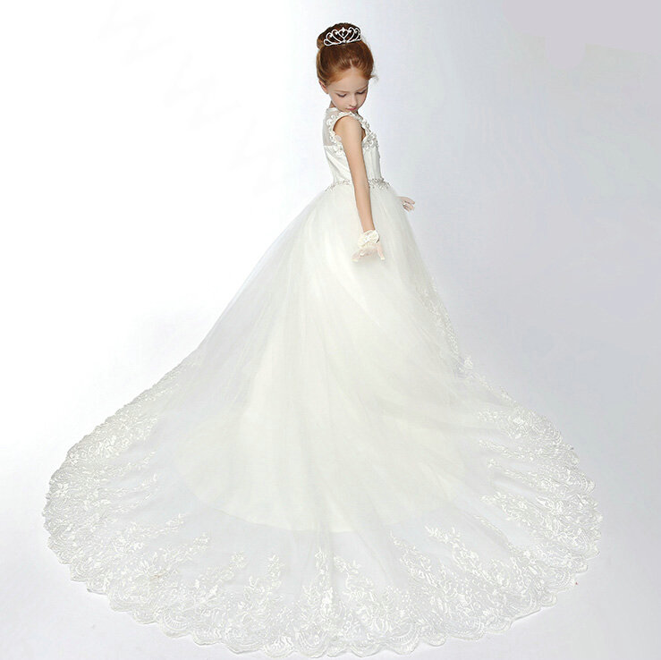 Cute Skirts Winter Flower Girls Long Drag Diamond Wedding Party Dress - White