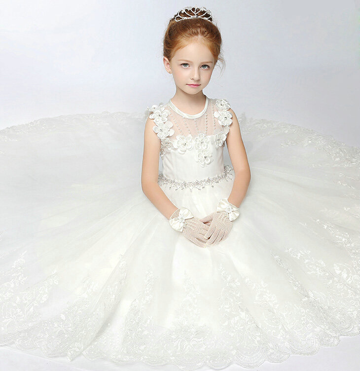 Cute Skirts Winter Flower Girls Long Drag Diamond Wedding Party Dress - White
