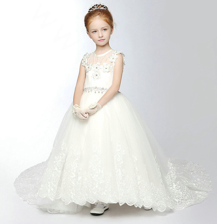 Cute Skirts Winter Flower Girls Long Drag Diamond Wedding Party Dress - White