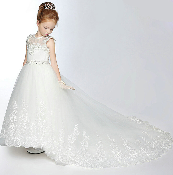 Cute Skirts Winter Flower Girls Long Drag Diamond Wedding Party Dress - White