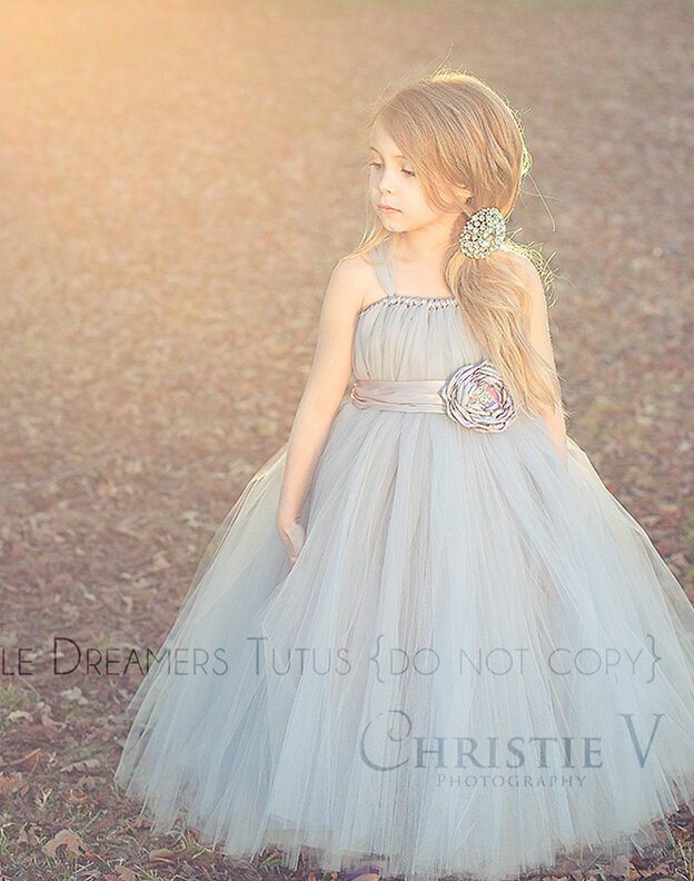 Cute Skirts Winter Flower Girls Long Suspenders Wedding Party Dress - Grey