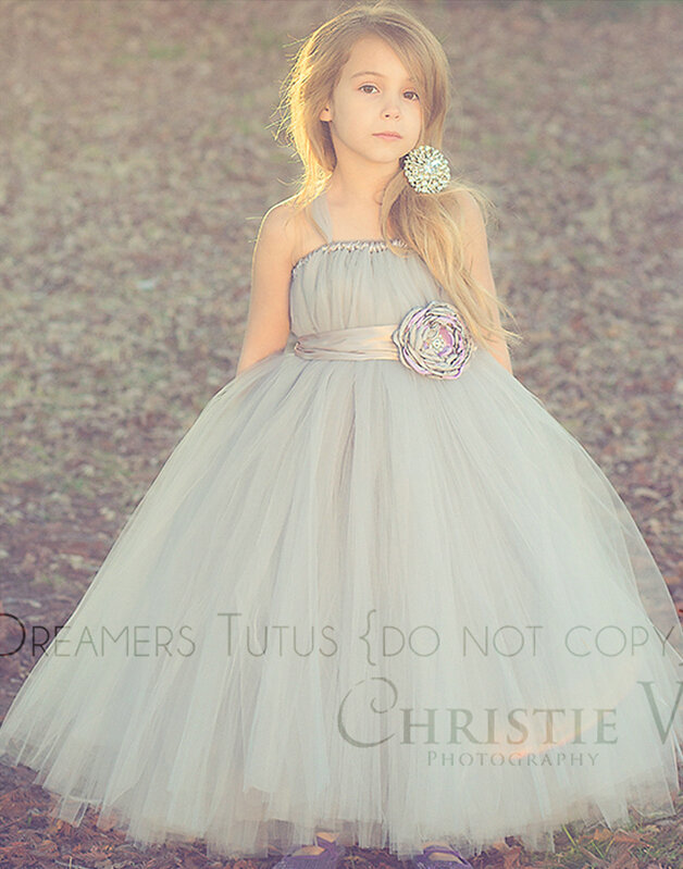 Cute Skirts Winter Flower Girls Long Suspenders Wedding Party Dress - Grey