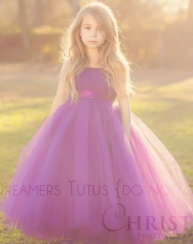 Cute Skirts Winter Flower Girls Long Suspenders Wedding Party Dress - Purple