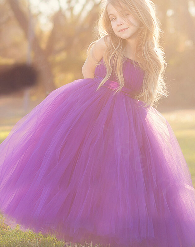Cute Skirts Winter Flower Girls Long Suspenders Wedding Party Dress - Purple