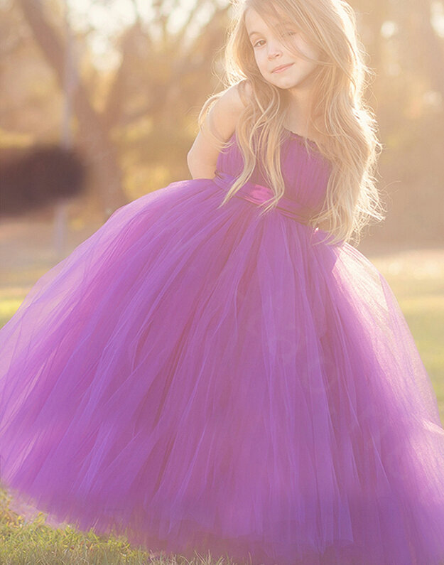 Cute Skirts Winter Flower Girls Long Suspenders Wedding Party Dress - Purple