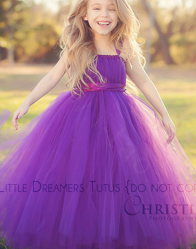 Cute Skirts Winter Flower Girls Long Suspenders Wedding Party Dress - Purple