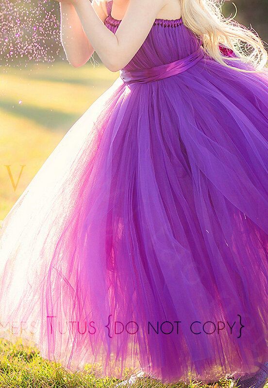 Cute Skirts Winter Flower Girls Long Suspenders Wedding Party Dress - Purple