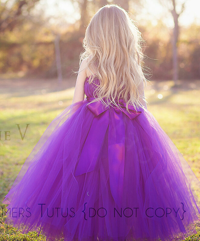Cute Skirts Winter Flower Girls Long Suspenders Wedding Party Dress - Purple