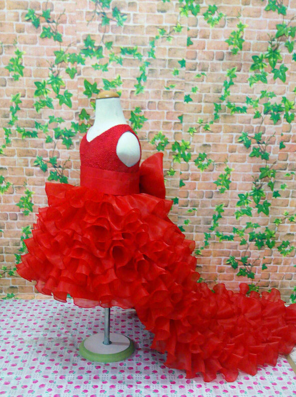 Cute Skirts Winter Flower Girls Ruffled Floor Length Wedding Party Dress - Red