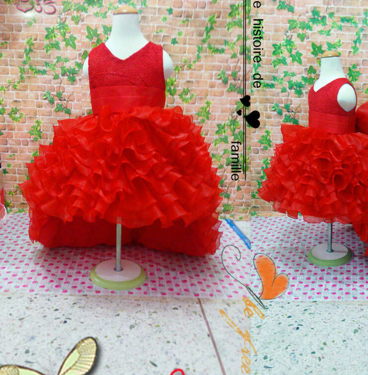Cute Skirts Winter Flower Girls Ruffled Floor Length Wedding Party Dress - Red