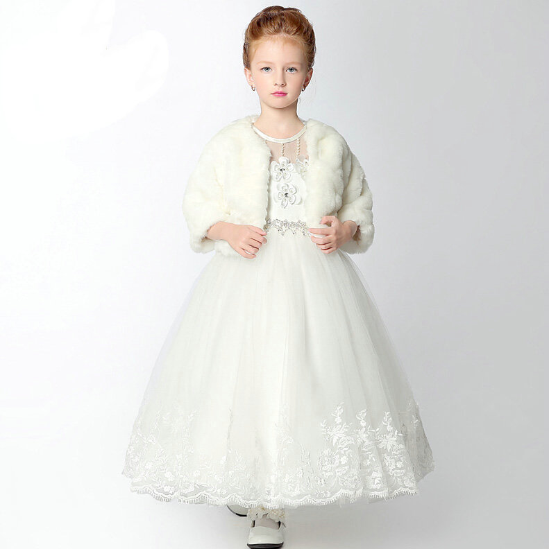 Cute Skirts Winter Flower Girls Shawl Diamond Wedding Party Dress - White