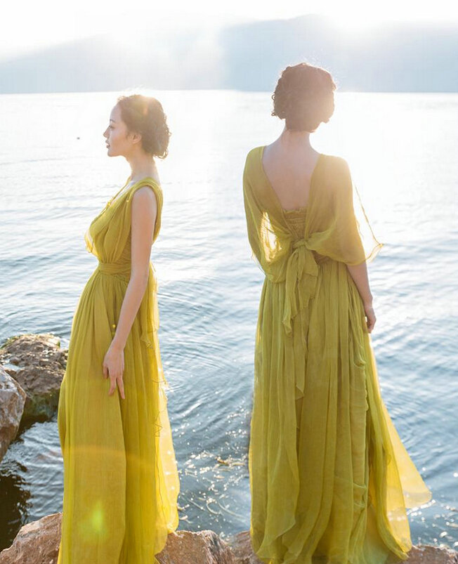 Dresses Summer Backless Women Tunic Elbow Sleeve Solid Beach Long Chiffon - Green