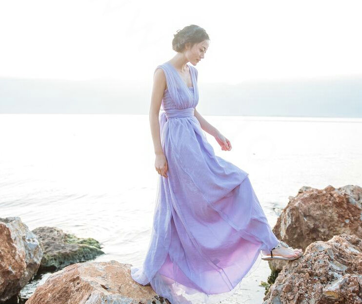 Dresses Summer Backless Women Tunic Elbow Sleeve Solid Beach Long Chiffon - Purple
