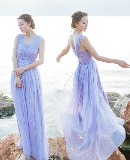 Dresses Summer Backless Women Tunic Elbow Sleeve Solid Beach Long Chiffon - Purple