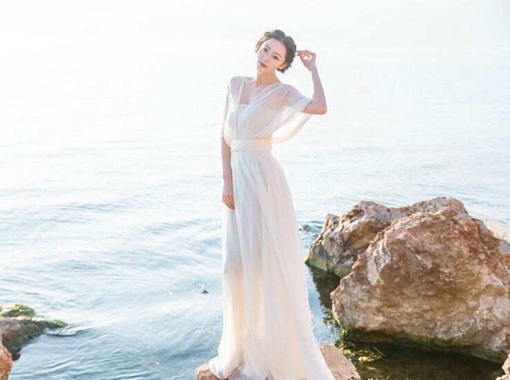 Dresses Summer Backless Women Tunic Elbow Sleeve Solid Beach Long Chiffon - White