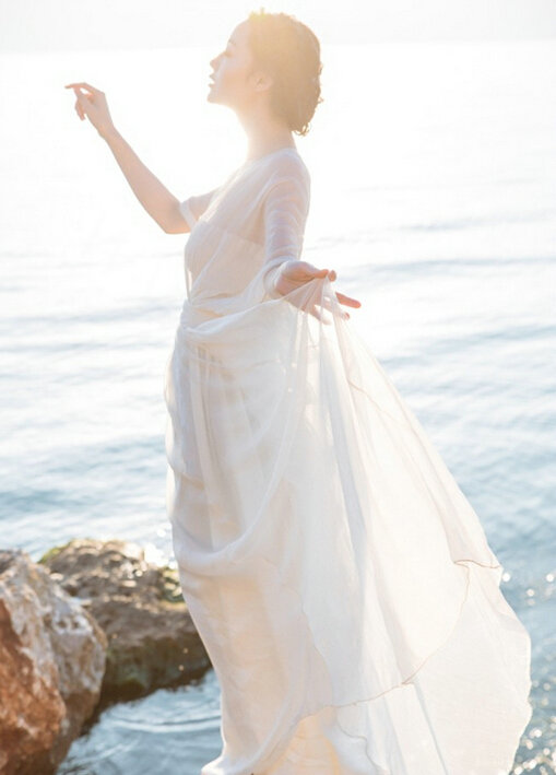 Dresses Summer Backless Women Tunic Elbow Sleeve Solid Beach Long Chiffon - White