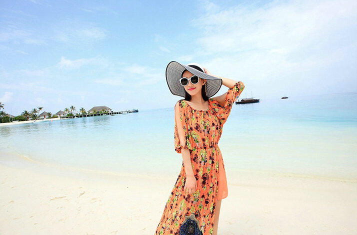 Dresses Summer Girls Fifth Sleeved Split Printed Beach Long Bohemian - Orange