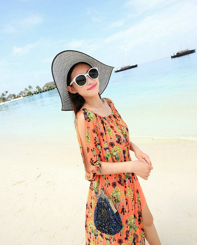 Dresses Summer Girls Fifth Sleeved Split Printed Beach Long Bohemian - Orange