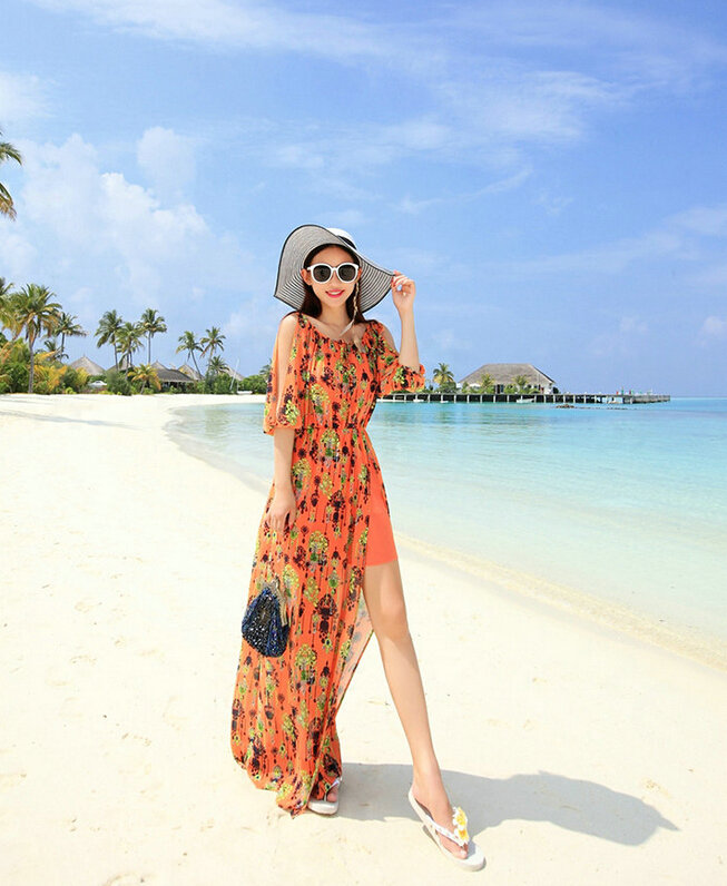 Dresses Summer Girls Fifth Sleeved Split Printed Beach Long Bohemian - Orange