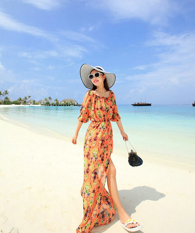 Dresses Summer Girls Fifth Sleeved Split Printed Beach Long Bohemian - Orange