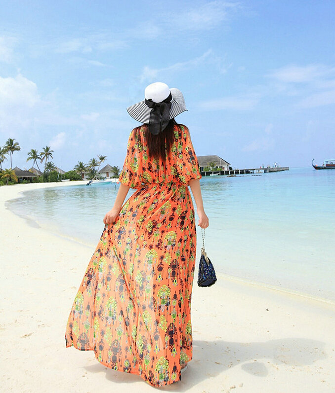 Dresses Summer Girls Fifth Sleeved Split Printed Beach Long Bohemian - Orange