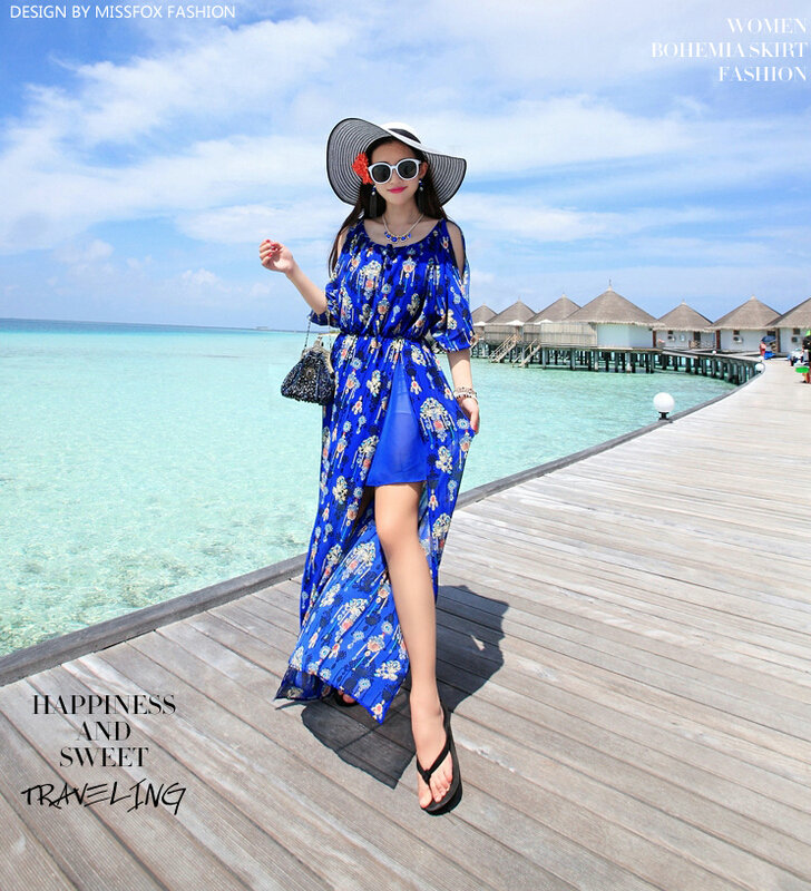 Dresses Summer Girls Fifth Sleeved Split Printed Beach Long Bohemian - Royal Blue