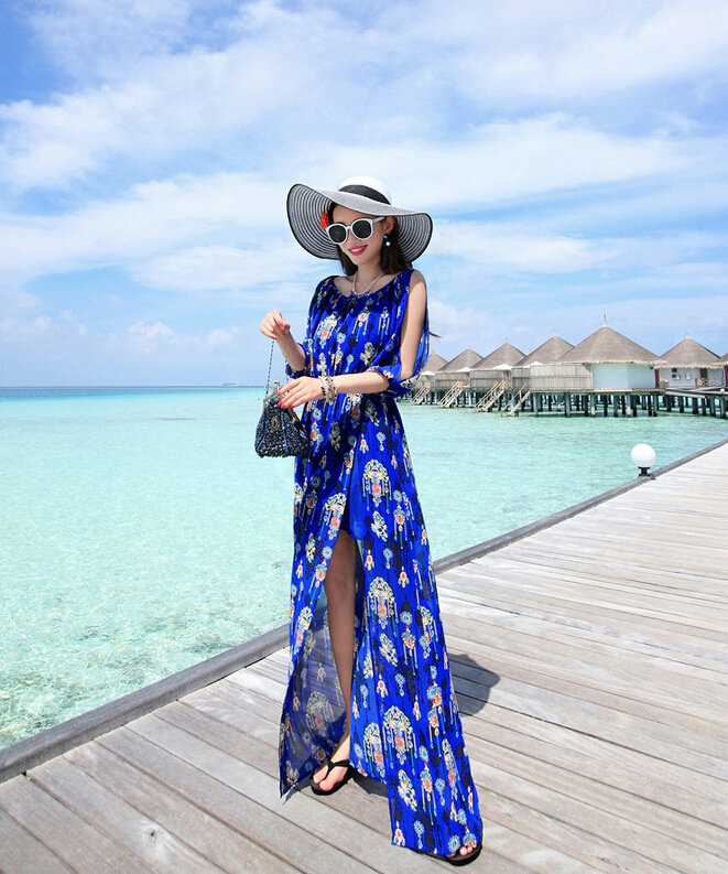 Dresses Summer Girls Fifth Sleeved Split Printed Beach Long Bohemian - Royal Blue