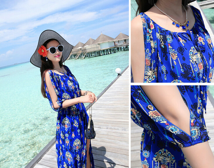Dresses Summer Girls Fifth Sleeved Split Printed Beach Long Bohemian - Royal Blue