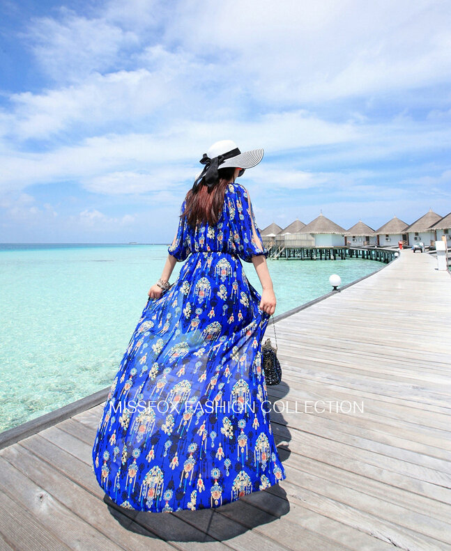 Dresses Summer Girls Fifth Sleeved Split Printed Beach Long Bohemian - Royal Blue