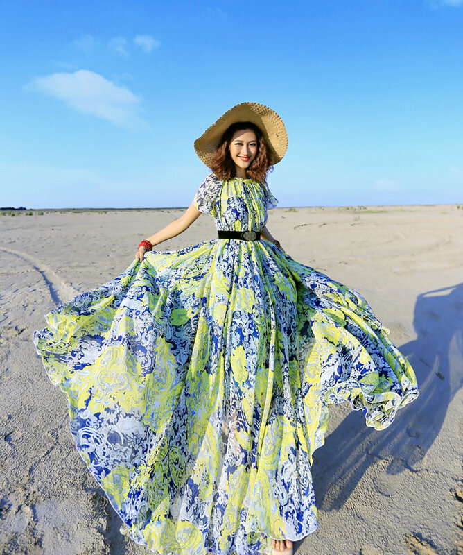 Dresses Summer Girls Short Sleeved Tunic Printed Beach Long Bohemian - Blue Green