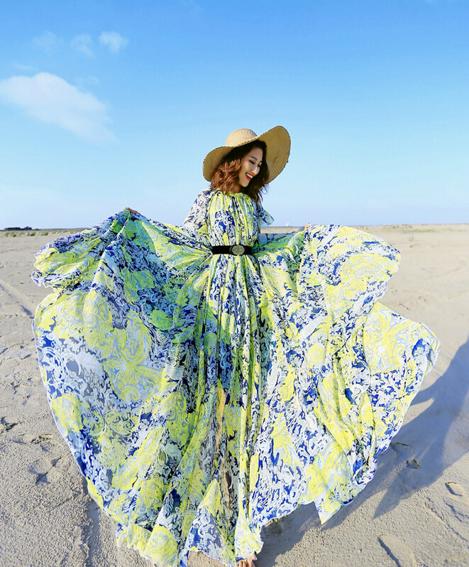 Dresses Summer Girls Short Sleeved Tunic Printed Beach Long Bohemian - Blue Green