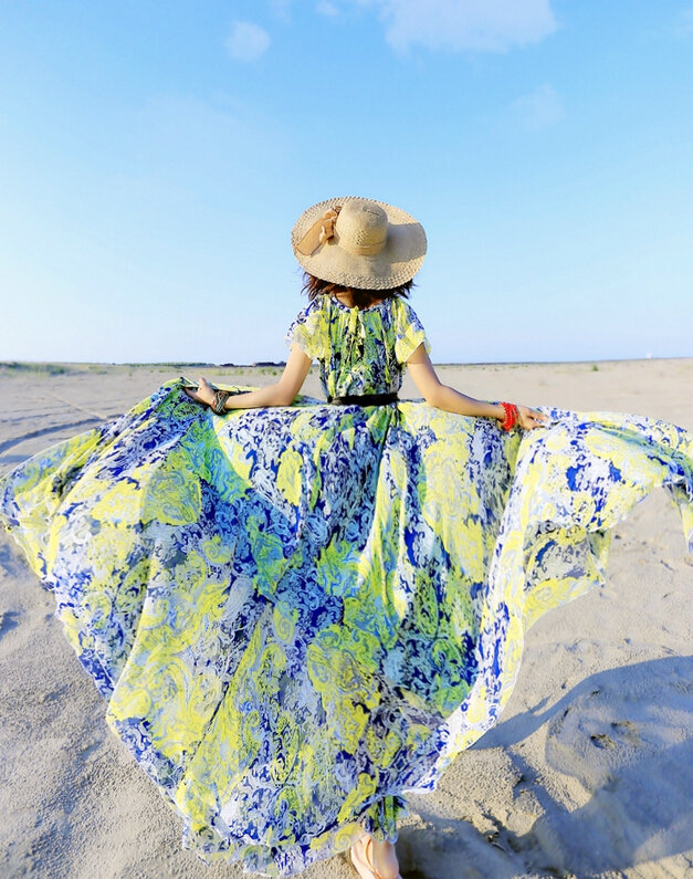 Dresses Summer Girls Short Sleeved Tunic Printed Beach Long Bohemian - Blue Green