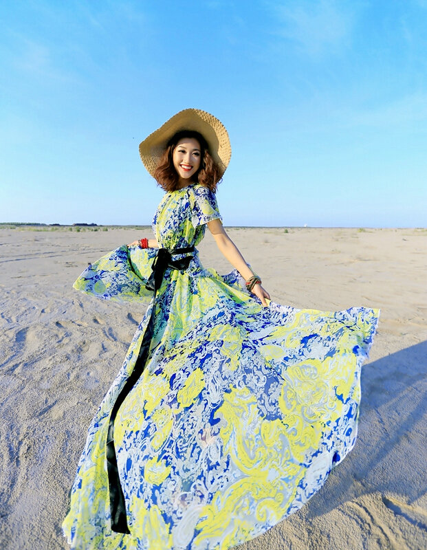 Dresses Summer Girls Short Sleeved Tunic Printed Beach Long Bohemian - Blue Green