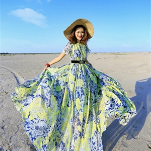 Dresses Summer Girls Short Sleeved Tunic Printed Beach Long Bohemian - Blue Green