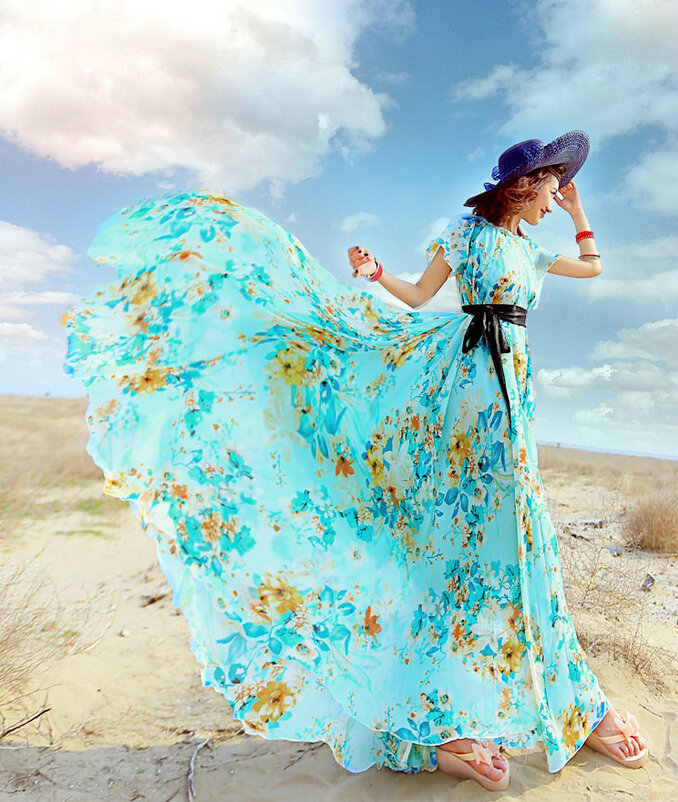 Dresses Summer Girls Short Sleeved Tunic Printed Beach Long Bohemian - Blue